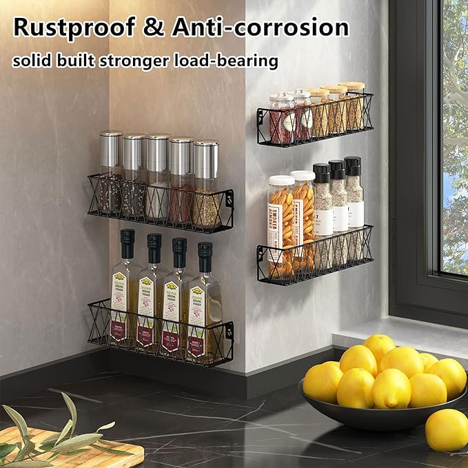 Hanging Spice Rack Wall Mount 4 Pack, Seasoning Rack Organizer Adhesive Spice Shelf Easy to Install, Kitchen Organization Cabinet Stand Space Saver, Metal, Black