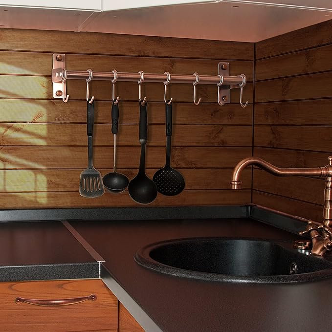 Dseap Kitchen Untentil Rail with 8 Hooks,Hanging Rack for Pots and Pans, Plants, Double Bars, Wall Mounted, Antique Copper, Pack of 2
