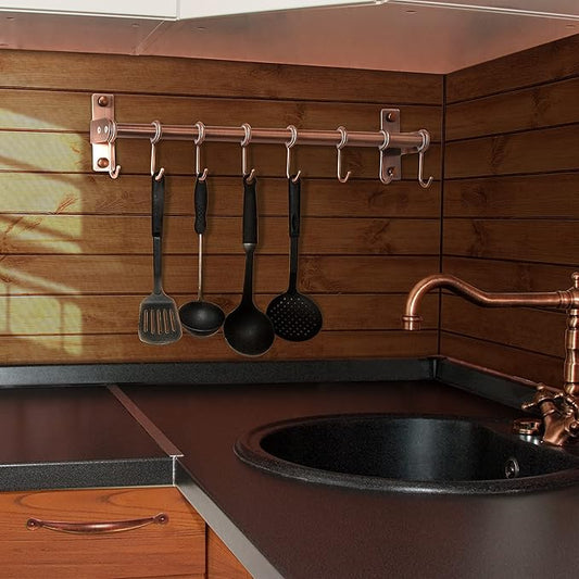 Dseap Kitchen Untentil Rail with 8 Hooks,Hanging Rack for Pots and Pans, Plants, Double Bars, Wall Mounted, Antique Copper, Pack of 2