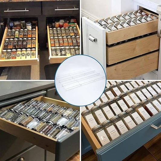Spice Drawer Organizer, 9 Pcs Clear Acrylic In Drawer Seasoning Jars Rack, Expandable From 8" to 24" Kitchen Cabinets/Countertop Drawer Spice Rack Tray (Fit Small Drawer)