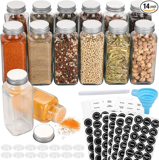 AOZITA 14 Pcs Glass Spice Jars with Spice Labels - 8oz Empty Square Spice Bottles - Shaker Lids and Airtight Metal Caps - Chalk Marker and Silicone Collapsible Funnel Included