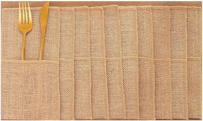 MDS Pack Of 50 Wedding Burlap 4 x 8 Burlap Lace Utensil Cutlery Holders Pouch Silverware Holder Knifes Forks Bags Burlap Napkin Bag for Rustic Wedding Party and Tableware Decorations
