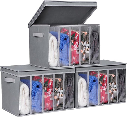 Zilink Upgraded Sweater Storage for Closet with Lids and Support Boards Large Sweater Organizer for Closet with 5 Grids Divider Wardrobe Clothes Organizer for Sweaters, Jeans, Pants, Grey, 3 Pack