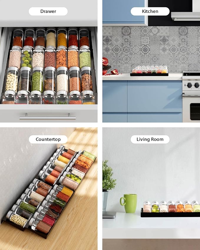 IIIOIIIA Upgrade Spice Organizer for Drawer, 8 Tier Stainless Steel Spice Rack Seasoning Rack Tray Insert for Kitchen Drawers/Cabinet (Jars not included), 12.84" Wide x 18.11" Deep, Black