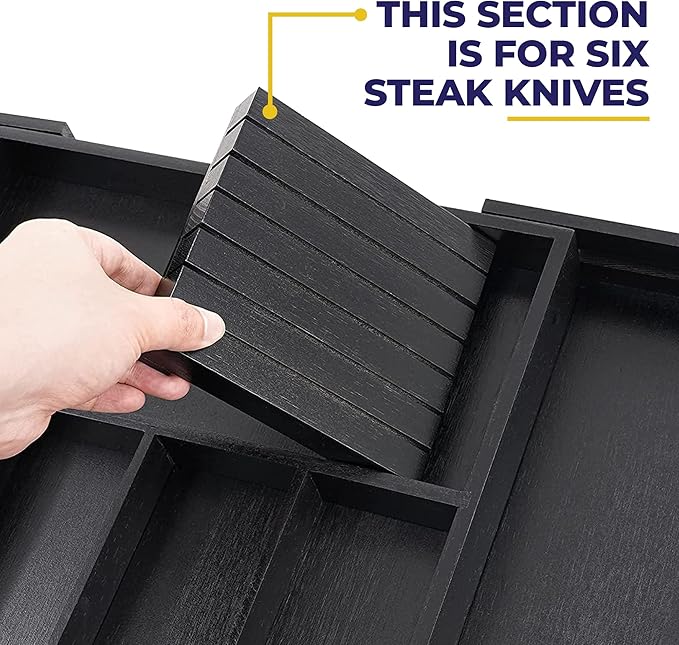 Bamboo Wood Drawer Organizer With Dividers and Removable Knife Block - Silverware and Kitchen Organizer - 12.75-22 x 17 x 2 In (Black)
