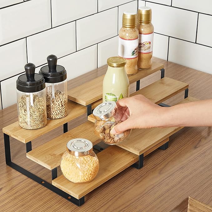 SONGMICS Bamboo Shelf Organizers and Spice Racks Bundle, 2 Sets of 2 Cabinet Organizers, for Kitchen Organization, Natural and Black UKCS02NB and UKCS016N01