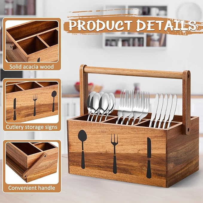 Geetery Acacia Utensil Caddy Silverware Caddy with Handle Wooden Multipurpose Countertop Flatware Napkin Utensil Organizer for Party Picnic Kitchen Trip, 9.1 x 5.9 x 4.5 in(Wood Color)