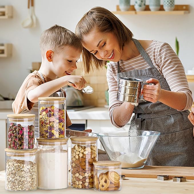 7 Pack Thicker Glass Food Storage Jars with Airtight Bamboo Lids, Clear Glass Storage Containers, Glass Canisters Set for Pasta, Nuts, Coffee Beans, Kitchen Pantry Organization Jar, BPA Free