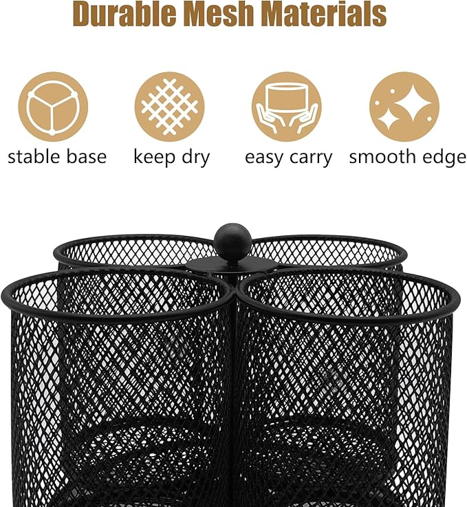 Silverware Holder Utensil Caddy - 360° Rotating Silverware Caddy 4 Compartment Metal Cutlery Organizer Fork Spoon Plastic Flatware Storage Basket Party Countertop Picnic Outdoor Modern Black