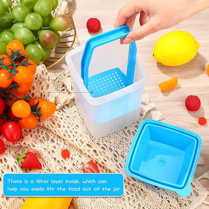 Chengu 3 Pieces Jalapeno Pickle Containers with Strainers Square Dispensers Free Storage of Condiment Food Pickle Holder with Easy to Open Lid Design for Pickled Kitchen Tools(Blue)