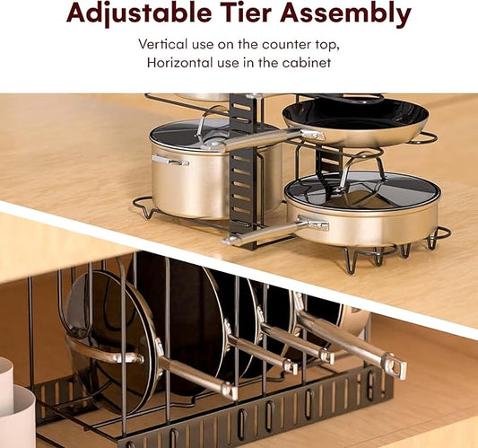 Vdomus Pot Rack Organizer with 3 DIY Methods, Black Metal Kitchen 8+ Pots Holder, Height and Position are Adjustable Cabinet Pantry Pot Lid Holder (Upgraded)