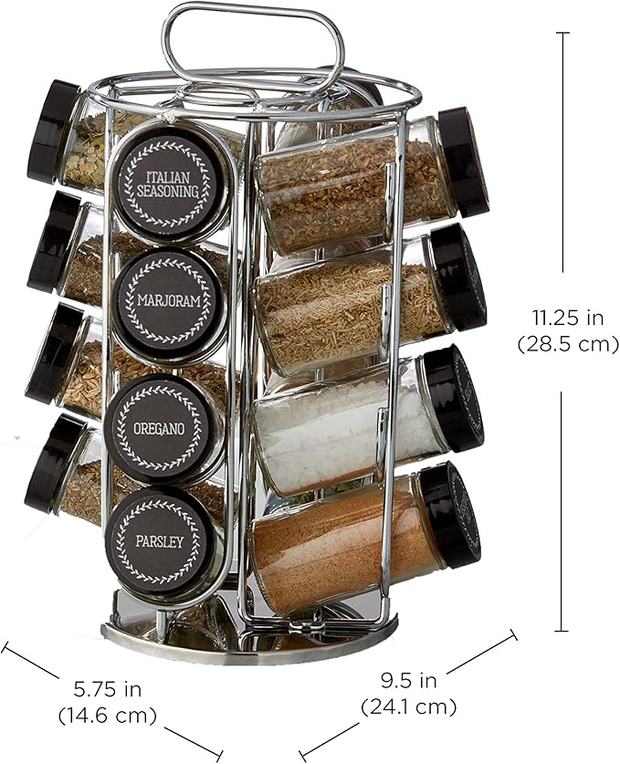 Kamenstein 16 Jar Montauk Revolving Countertop Spice Rack Organizer with Spices Included, FREE Spice Refills for 5 Years, Chrome with Black Caps