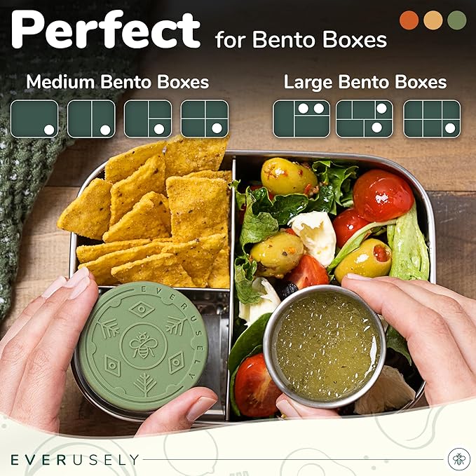Everusely Condiment Cups - 3 Pack, 1.7 oz, Muted, Stainless Steel - Condiment Containers with Lids - Reusable Salad Dressing Container To Go - Sauce & Dip Cup for Lunchbox, Meal Prep