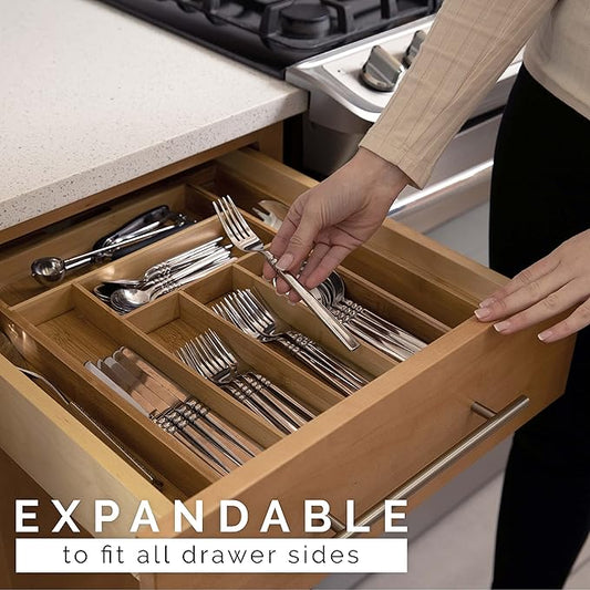 Masirs Expandable Bamboo Kitchen Drawer Organizer - Adjusts to Fit Drawer Size, Ideal for Silverware, Utensils, and Office Supplies, Durable Bamboo Construction