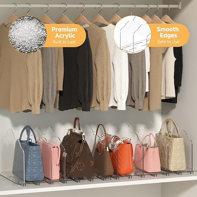 Purse Organizer for Closet, Acrylic Clear Shelf Dividers for Closet Organization, Adjustable Bag Organizer for Women, Bedroom, Bathroom, Kitchen, Office, Study (8 Panels)
