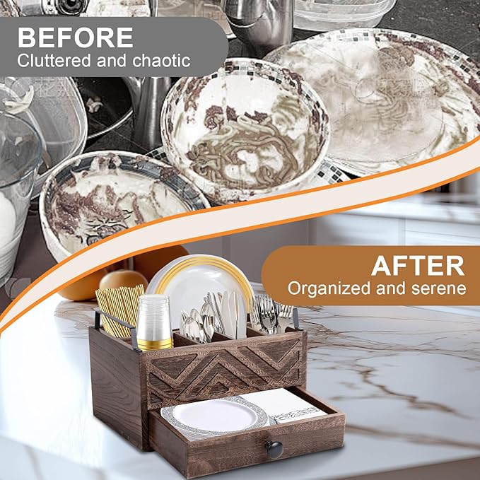 Paper Plate Dispenser with Drawer, country style Wood Kitchen Counter, Picnic, Party, Camping - Caddy Organizer for Cups, Spoons, Forks, Plates, office supplies, Napkins & Silverware