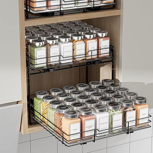 2-Tier Pull Out Spice Rack Organizer for Cabinet, Spice Rack Organizer, Height Adjustable Heavy Duty Metal Basket for Inside Cabinets & Pantry (13.5''Wx10.5''Dx9.5''H)