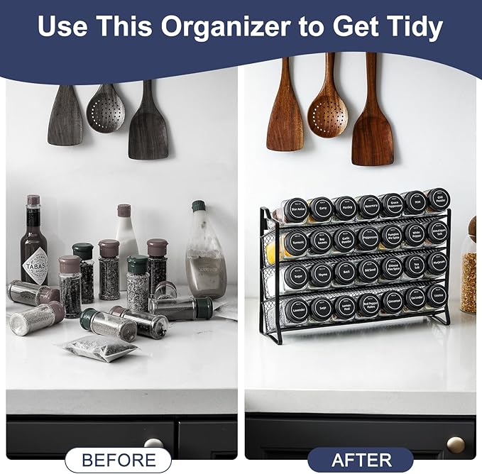 AOZITA Spice Rack Organizer for Cabinet, Spice Organizer with 28 Empty Spice Jars with Black Lids, Funnel, Spice Labels, Seasoning Organizer for Countertop, Cabinet, Kitchen, Pantry, Cupboard