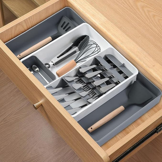 OTraki Silverware Drawer Organizer Expandable Utensil Drawer Organizer with Removable Cutlery Holder and Storage Tray Flatware Utensil Drawer Organiser Fork Knife Spoon Holder for Drawer Grey + White
