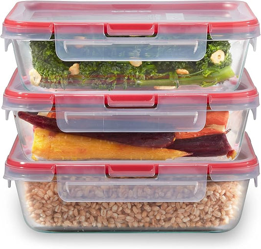 Pyrex Freshlock (3-Pack, 6 Cup) Glass Food Storage Containers Set, Airtight & Leakproof Locking Lids BPA-Free, Meal Prep Containers Set, Freezer Dishwasher Microwave Safe