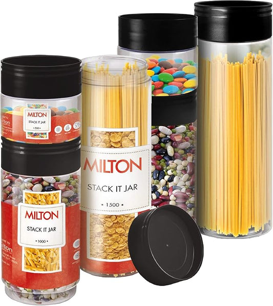 Plastic Jars with Lids – Set of 6 Clear Plastic containers– Space Saving Stackable Plastic Canisters with Lids – 2 of 16, 34, 50 oz. Wide Mouth Plastic Jars for Food Storage, Spaghetti, Crafts BPA Fre