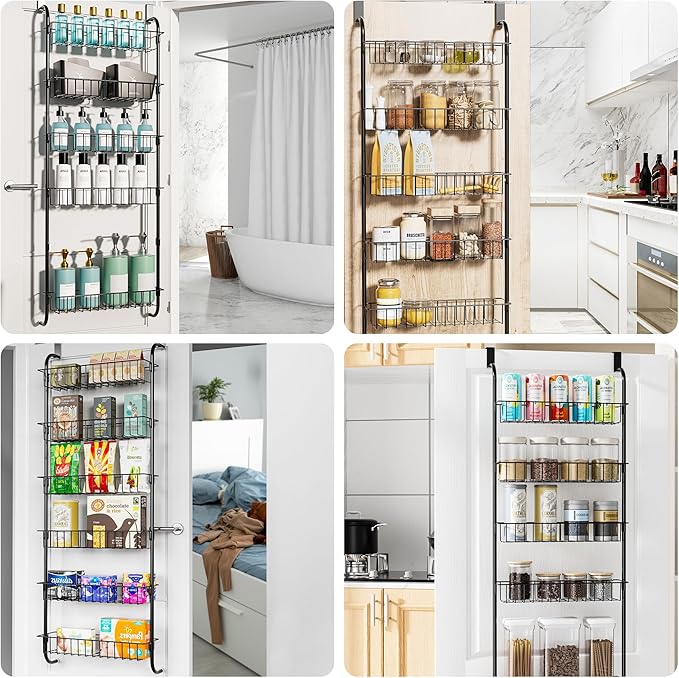 Over the Door Organizer, 6-Tier Kichen Organizer and Storage with Detachable Metal Baskets, Space Saving Hanging Spice Rack Organizer for Kitchen Pantry Bathroom Bedroom