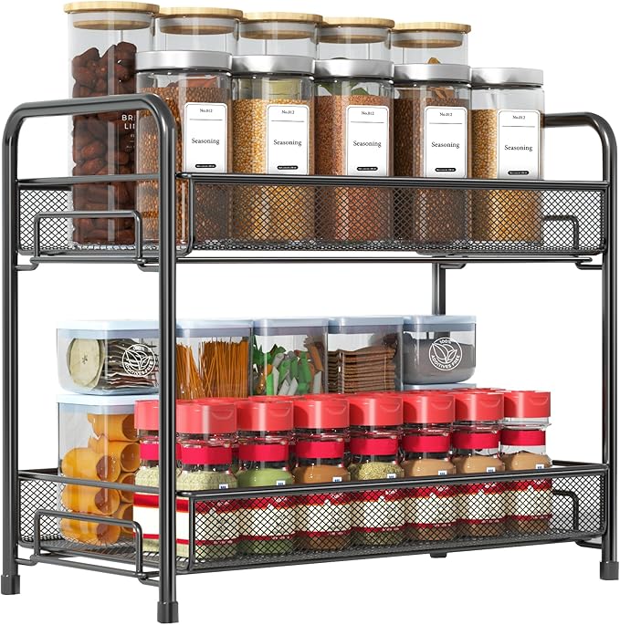 Spice Rack Organizer for Countertop,Xpatee 2-Tier Foldable Metal Rust-Proof Standing Large Seasoning Storage Shelf with Guardrail and Mesh Design for Kitchen Cabinet Bathroom Living Room Pantry, Black