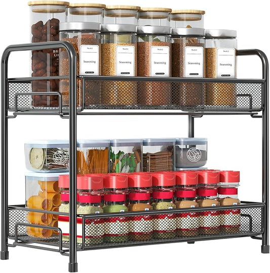 Spice Rack Organizer for Countertop,Xpatee 2-Tier Foldable Metal Rust-Proof Standing Large Seasoning Storage Shelf with Guardrail and Mesh Design for Kitchen Cabinet Bathroom Living Room Pantry, Black