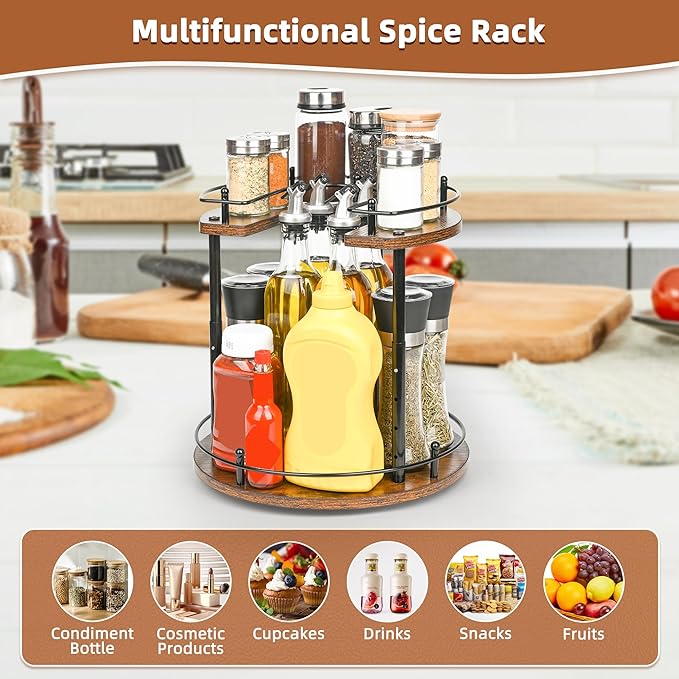 Adjustable 2-Tier Lazy Susan Spice Rack Organizer - Wooden Rotating Turntable for Kitchen Cabinet, Countertop, Pantry Storage, 360° Spice Carousel with Non-Slip Base, Easy Clean Home Decor