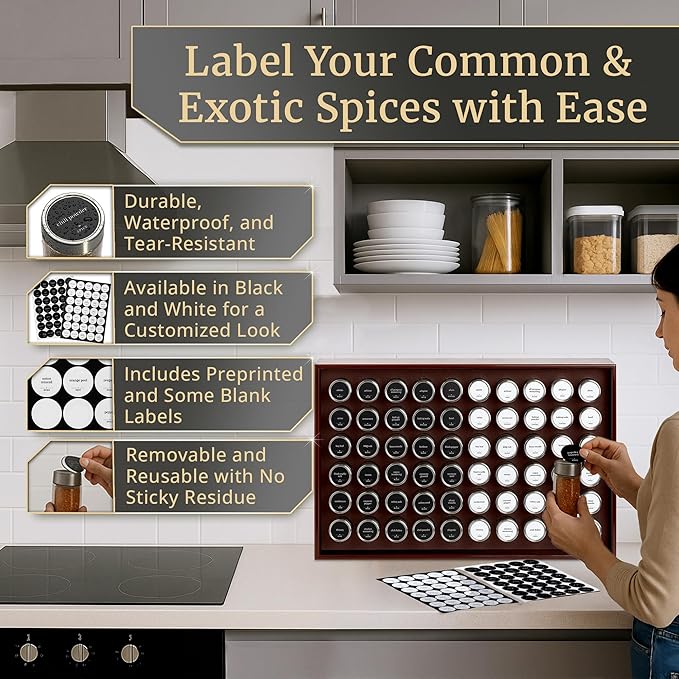 BOURBON & BARREL Wooden Spice Rack Organizer with Glass Jars | Stainless Steel Lids | Bamboo Countertop Spice Organization | 350 Waterproof Spice Labels | 2 Chalk Markers | 60 4oz Jars [Cherry]