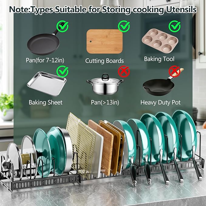 Pots and Pans Organizer Under Cabinet, 14 Adjustable Divider Pot Lid Rack Organizer 3-Pack Kitchen Storage Pan Holder Organizer Inside Cabine for Cookware, Baking Sheet(Black)