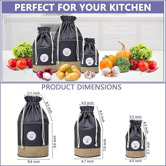 MERAKI HOME Potato Onion Garlic Storage Containers - Farmhouse Kitchen Storage Organization Pots - Sustainable Jute Cotton Vegetable Baskets Bins - Drawstring Holder