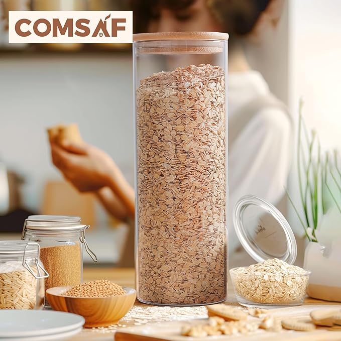 ComSaf Glass Food Storage Jars Set of 6, Tall Glass Storage Containers with Lids, Spaghetti Jar, Canisters Set for the kitchen, Pasta, Flour, Nuts, Oat, Coffee and Sugar Container, Pantry Organization
