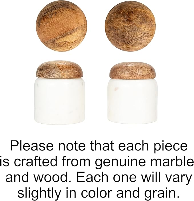 Creative Co-Op Marble and Mango Wood Pinch Pot with Lid, White and Natural