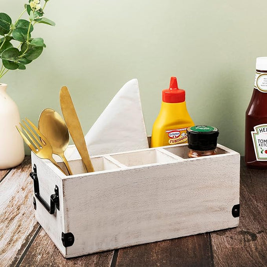 GoCraft 4-Compartment Flatware Caddy – Wooden Cutlery Holder with Napkin Holder, Silverware & Condiment Organizer, White Washed Mango Wood with Metal Handles, Perfect for Kitchen, Dining, and Picnics