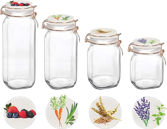 Circleware Vegetable Decal Glass Canisters Shaped with Ceramic Lids, Set of 4 Kitchen Glassware Food Beverage Preserving Containers for Coffee, Sugar, Tea, Spices, Cereal, 66 oz, 49 oz, 30 oz, 22 oz