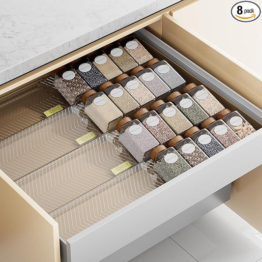 Spice Drawer Organizer, 8 Pack Clear Seasoning Organizer Rack, Kitchen Spice Rack Organizers for Drawer/Countertop (Jars Not Included, Expandable From 11" to 22" Wide)