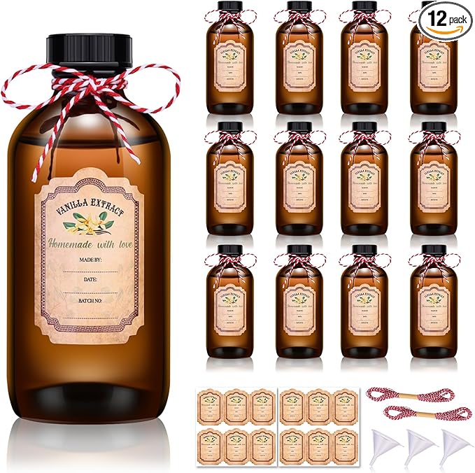 12 Pack Amber Glass Bottles for Vanilla Extract Homemade 8 oz,Vanilla Extract Bottles,Brown Boston Round Bottles with Caps and Stickers,Glass Food Storage Canister for Syrup Beans Sauce Essential Oil