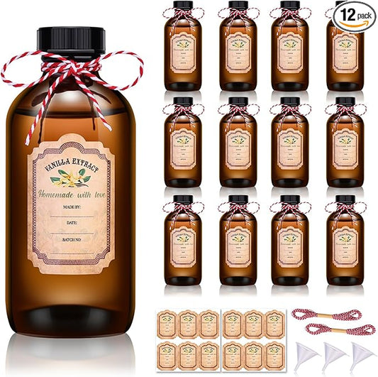 12 Pack Amber Glass Bottles for Vanilla Extract Homemade 8 oz,Vanilla Extract Bottles,Brown Boston Round Bottles with Caps and Stickers,Glass Food Storage Canister for Syrup Beans Sauce Essential Oil