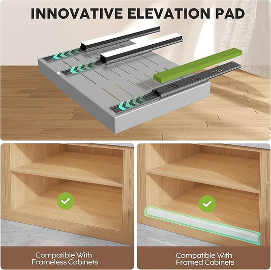 2 Pack Pull Out Cabinet Organizers 21"Deep With Raising Pad for Framed Cabinets,Expandable Slide Out Drawers Upgrade 3 Slide Rails,Roll Out Shelves Adhesive,Adjustable Width 12"-20.45" Silver