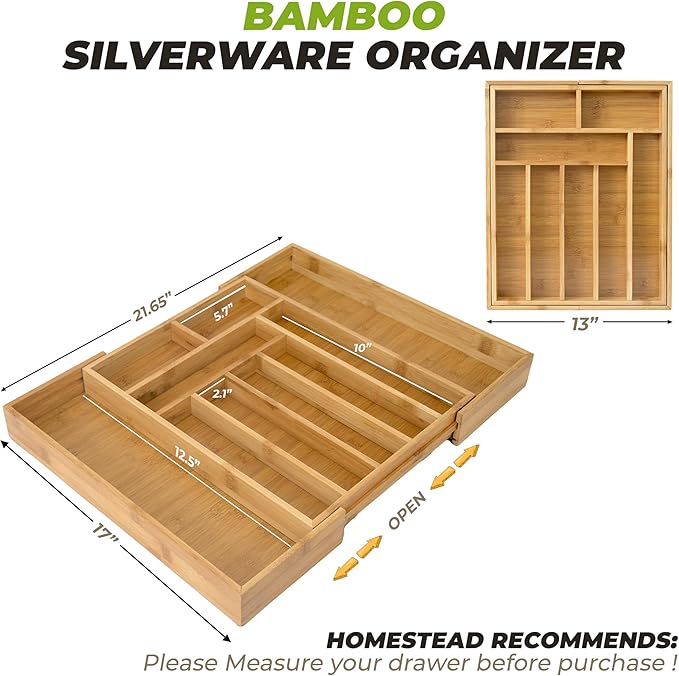 HOMESTEAD Nature Bamboo Expandable Drawer Organizer - Up to 10 Slots, Silverware Organizer, and Cutlery Trays for Kitchen Drawer Divider & Versatile in Bedroom, Office, Cosmetics