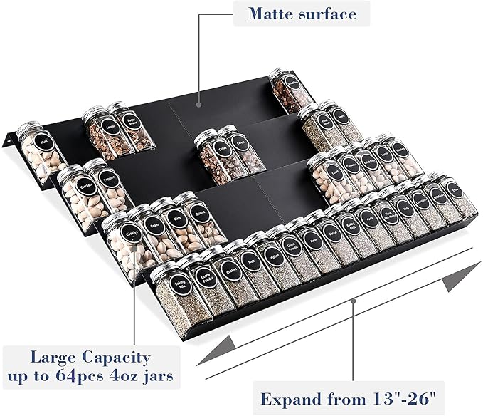 Metal Spice Rack Tray - Spice Drawer Organizer for Kitchen Cabinets Storage and Organization (Jars Not Included)