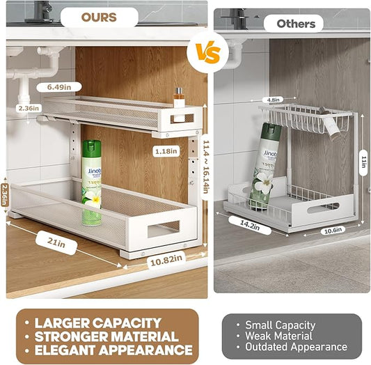 2 Pack 20.47IN Depth Under Sink Storage Organizer, Large 2-Tier Elegant Mesh Pull Out Shelf for Kitchen and Bathroom Cabinet Organization, L-Shaped and Adjustable Height Design-White