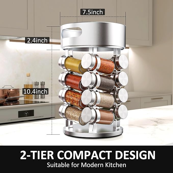 2 Tier Rotating Spice Rack Set With 16 Jars and Extra Top Tray, Revolving Spice Tower Organizer for Kitchen Spice and Seasonings, Aluminum Spice Tower,Reusable Labels, White Pen and Funnel Included