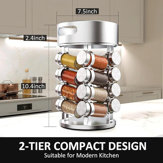 2 Tier Rotating Spice Rack Set With 16 Jars and Extra Top Tray, Revolving Spice Tower Organizer for Kitchen Spice and Seasonings, Aluminum Spice Tower,Reusable Labels, White Pen and Funnel Included