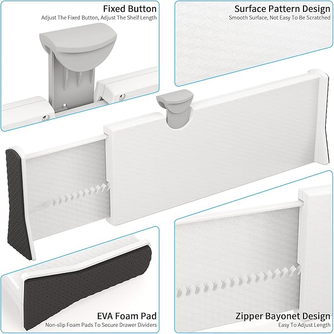 Drawer Dividers Organizer 6 Pack, Adjustable Separators 4" High Expandable from 11-17" for Bedroom, Bathroom, Closet, Clothing, Office, Kitchen (White, 6 PACK)