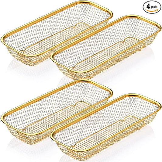 4 Pcs Gold Kitchen Drawer Baskets Stainless Steel Storage Container Mesh Storage Golden Utensil Holder Wire Basket Stackable Drying, 12 x 5 x 2 Inch