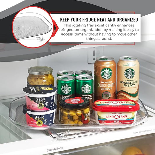 Oizeir Refrigerator Lazy Susan - Clear Rectangular Fridge Organizer - Turntable Tray Lazy Susan for Refrigerator - Cabinet & Pantry Organizer - Smooth 360° Rotating Swivel Spinning Fridge Shelf