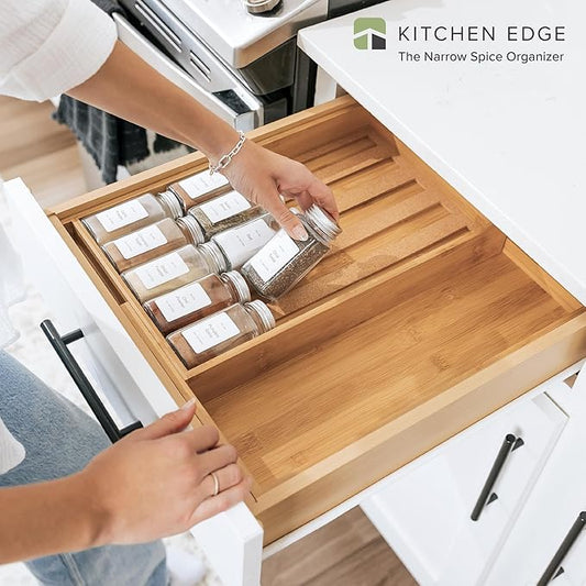 Spice Drawer Organizer with Expandable Storage. Holds up to 15 Spice Jars (Not Included), Non-Slip Feet, Kitchen Accessory Storage, 100% Sustainable Bamboo Wood