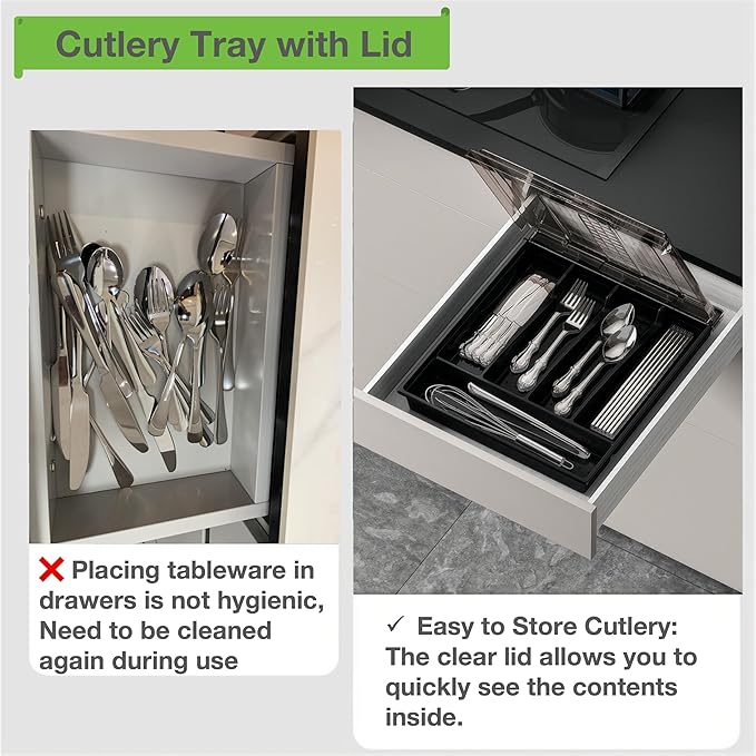 Silverware Container with Removable Lid, Countertop silverware holders Plastic Silverware Tray for Drawer, 5 Compartments Flatware Organizer (Black)